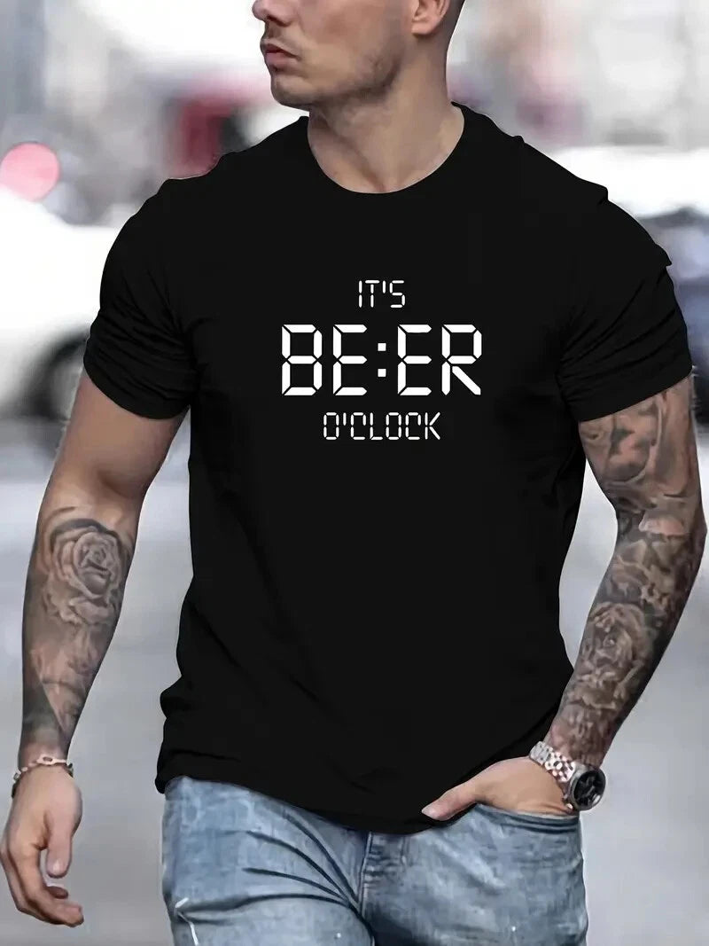 Men's Royal Blue 'It's Beer O'Clock' Graphic T-Shirt - Casual Summer Cotton Crew