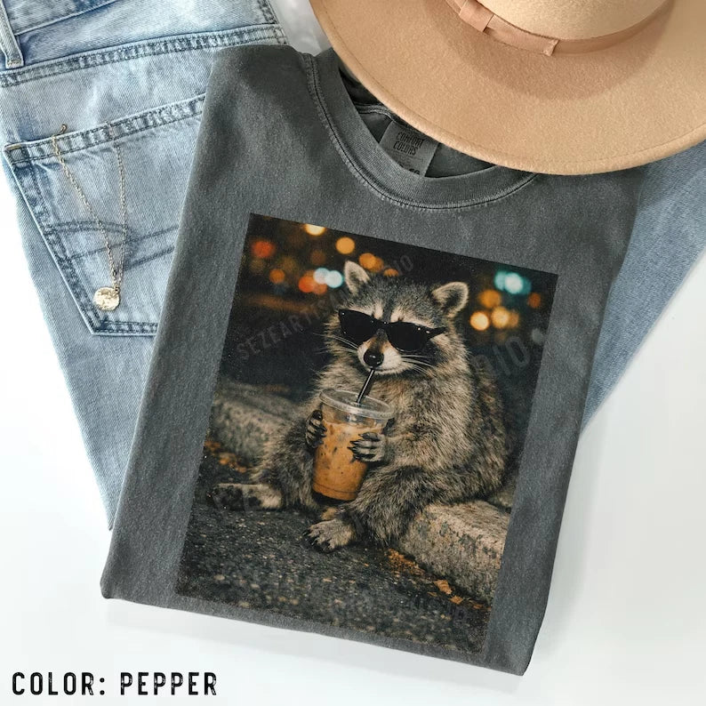 SALE! Funny Raccoon Drinking Iced Coffee Shirt Animal Meme Graphic Tee Cotton Fu