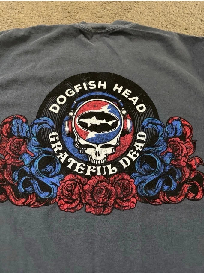 Dogfish Head Brewery x Grateful Dead T-Shirt Mens Medium Gray Stealie with Roses