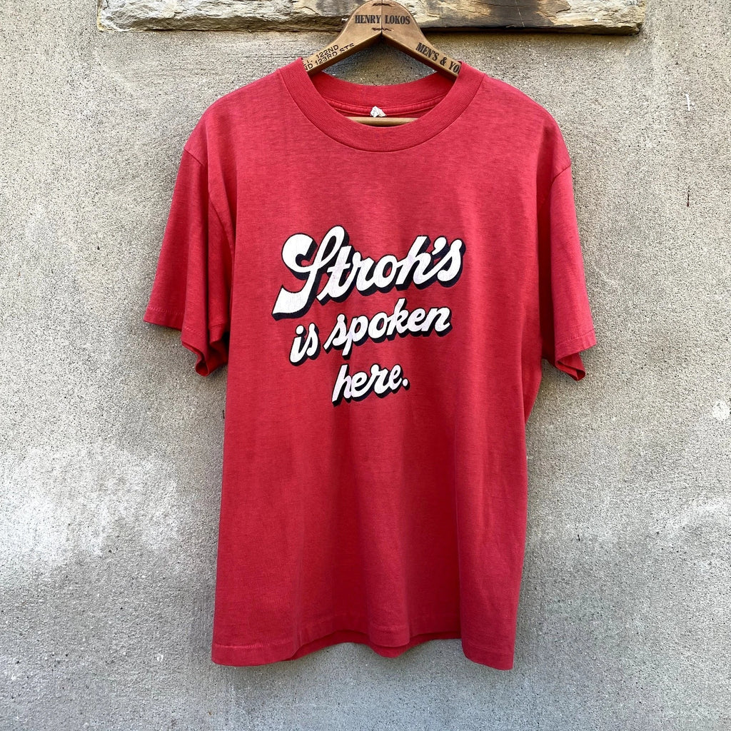 Vintage Stroh's Is Spoken Here Beer Promo Thin & Soft T Shirt 80s Red Fits Large