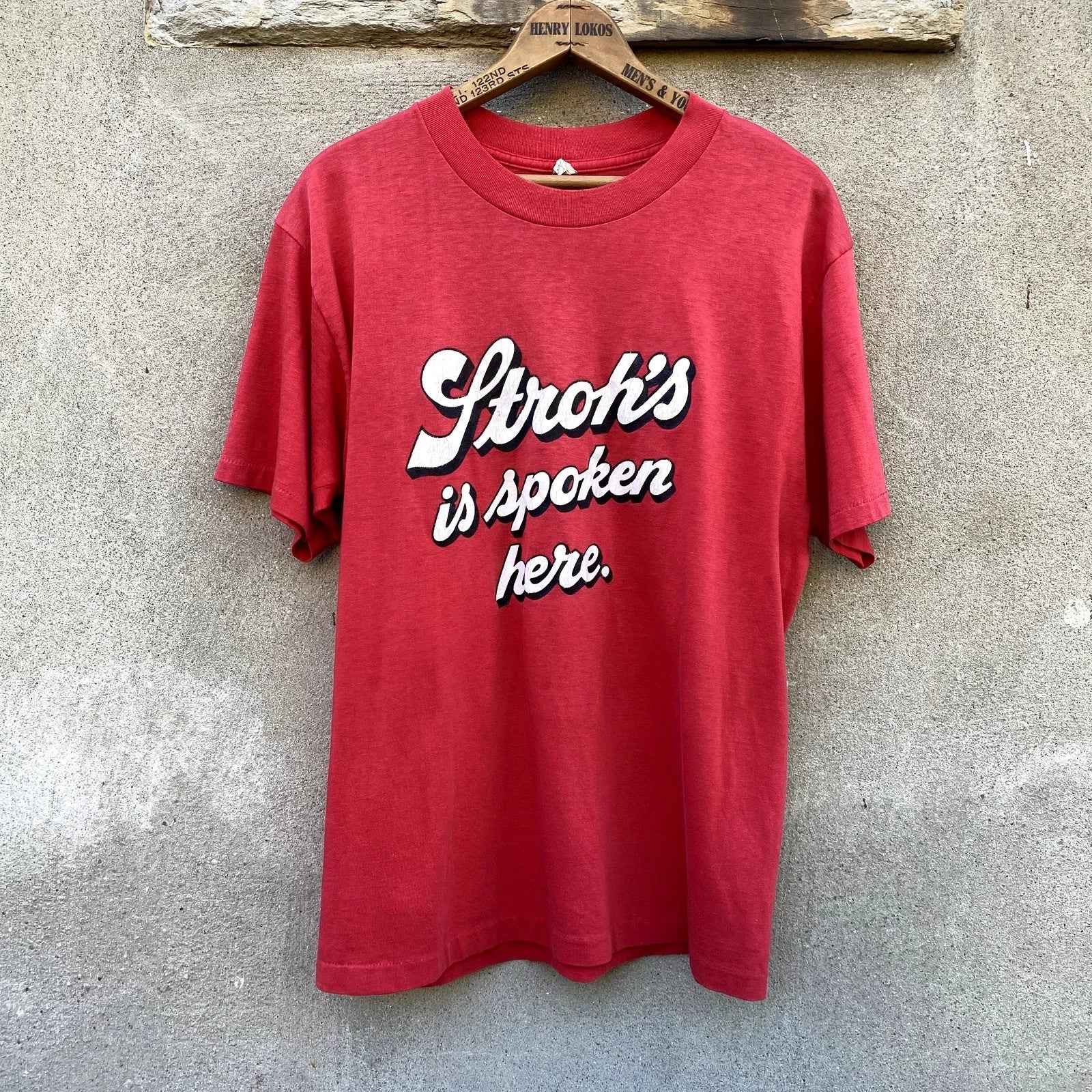Vintage Stroh's Is Spoken Here Beer Promo Thin & Soft T Shirt 80s Red Fits Large