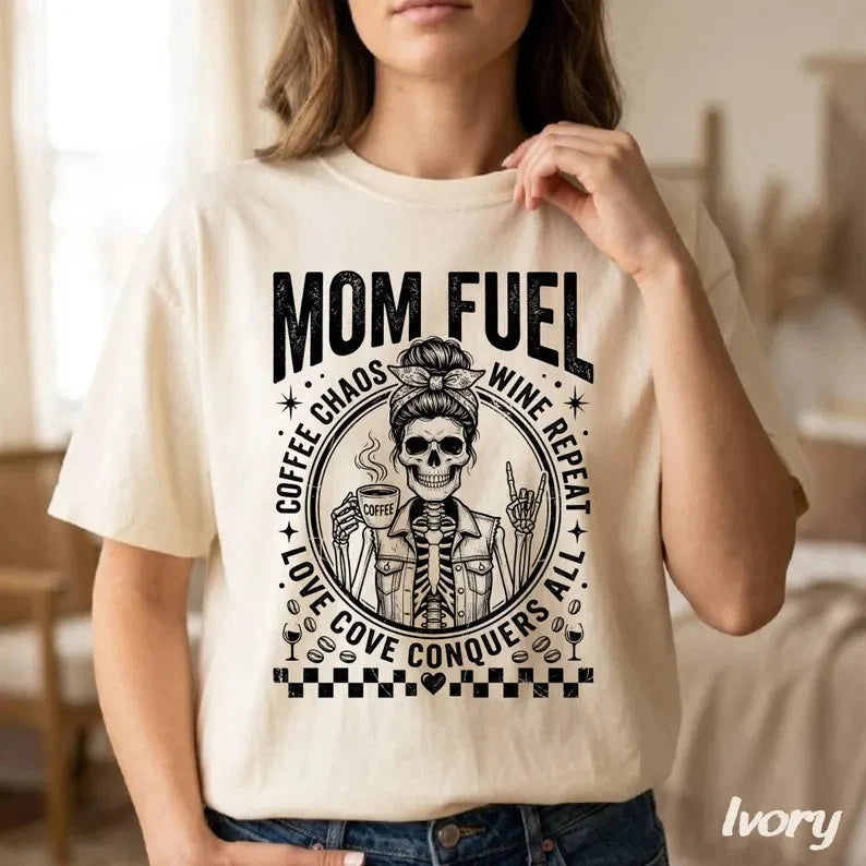 Mom Fuel Skull Comfort Tee Coffee Chaos Mama Funny