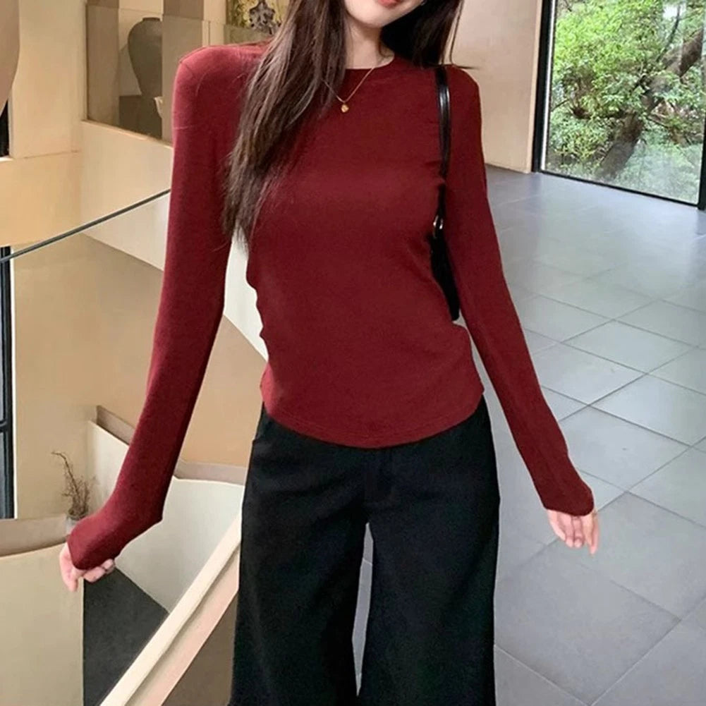 Women's Y2k Long Sleeve Pullover Tee with Crew Neck and Slim Silhouette