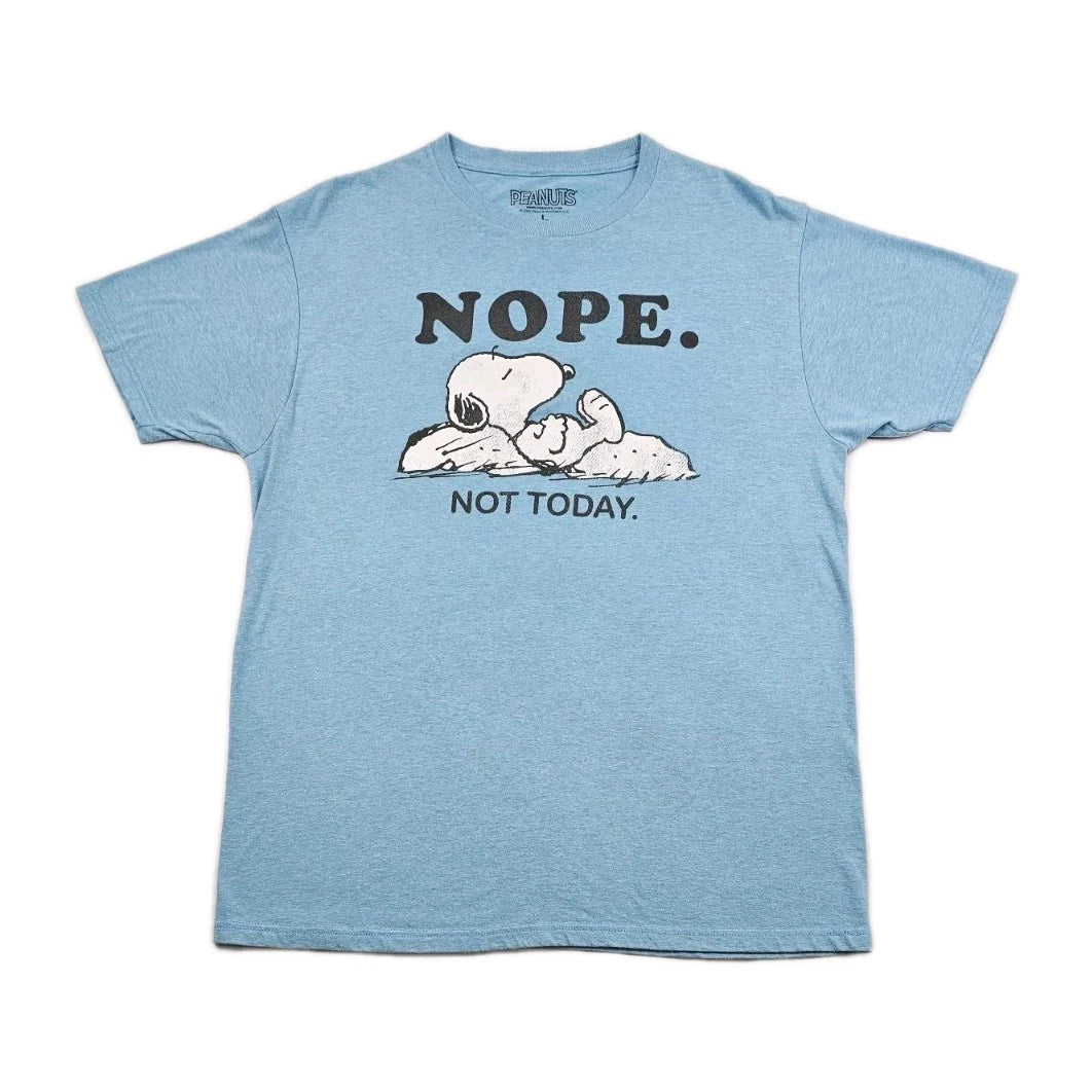 Peanuts Snoopy Nope Not Today Mens Large Light Blue Tee Shirt Fun Lazy Day Rest