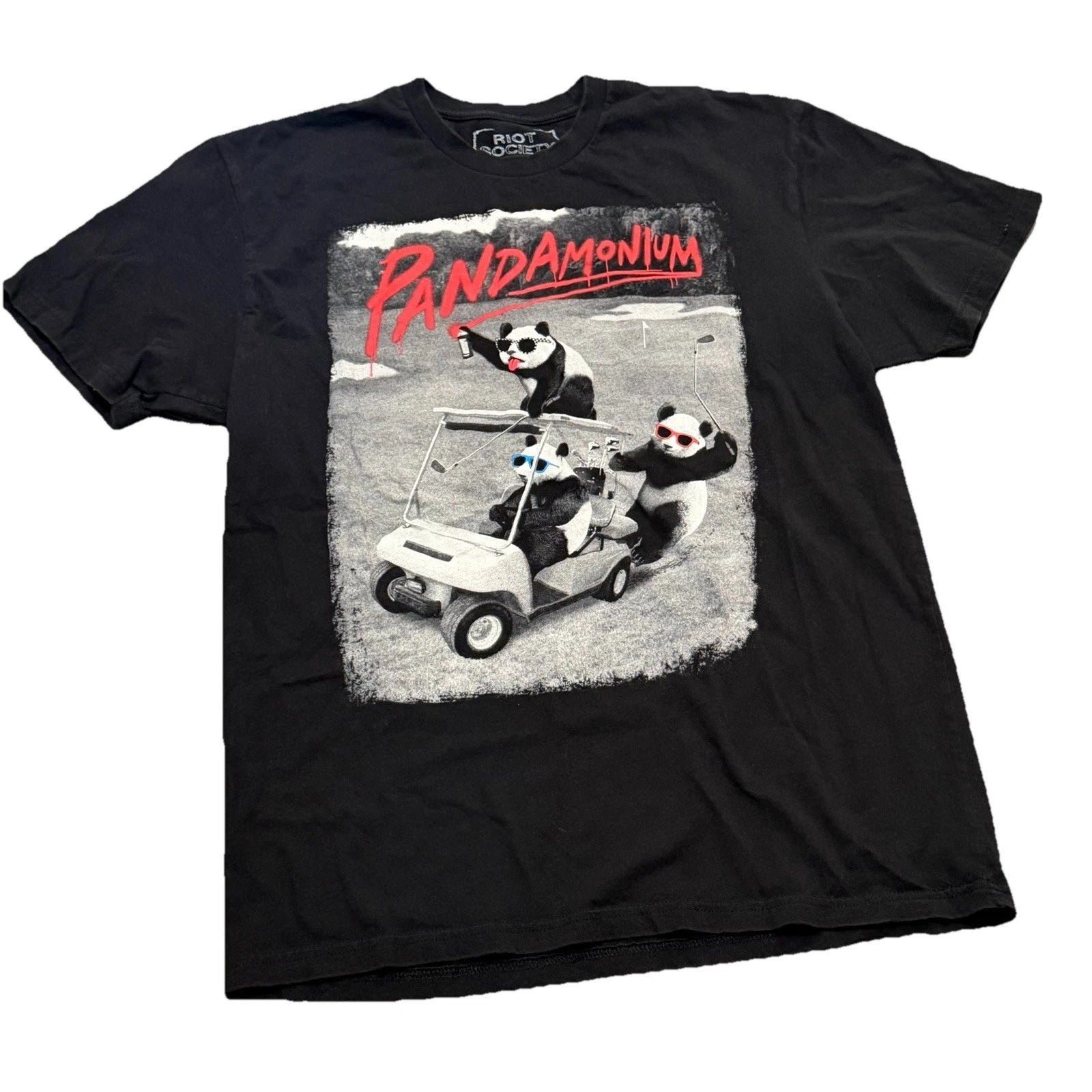 Riot Society Pandamonium T Shirt Black Panda Golfing Car Beer Tee Adults Sz LG