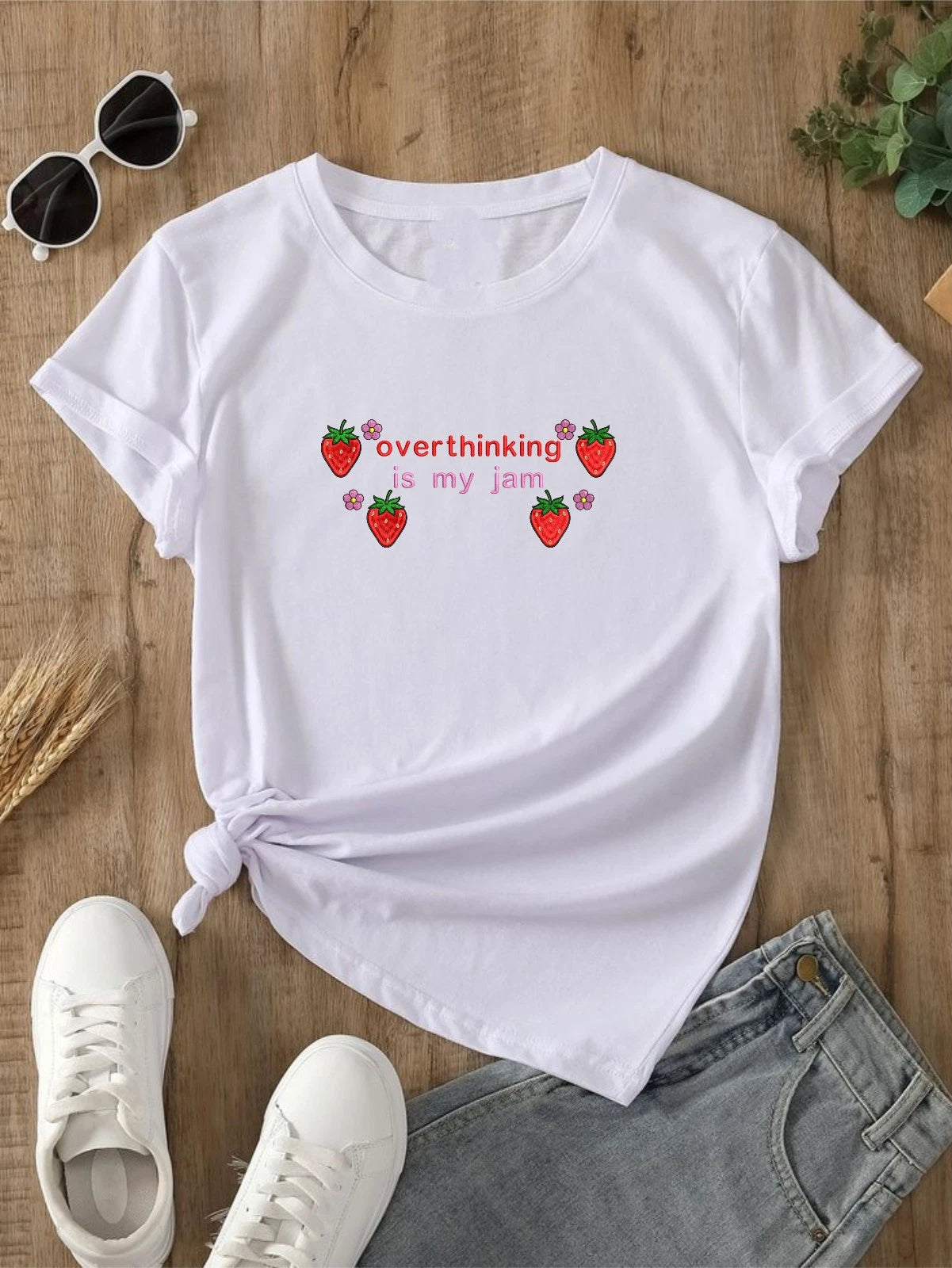 Embroidered Overthinking Strawberry T-Shirt, Anxiety Awareness Mental Health Tee