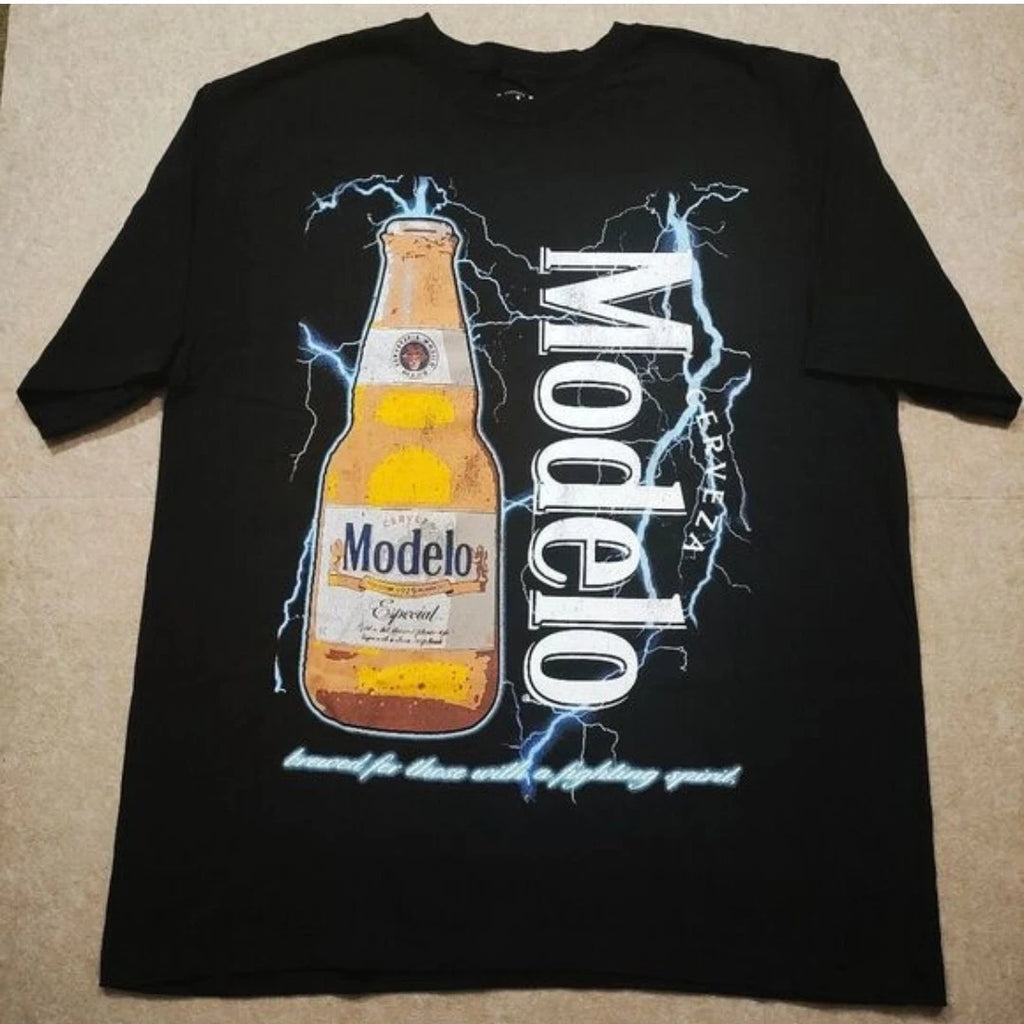 Modelo Cerveza Beer Logo Graphic Print Black Crew Neck Cotton T-Shirt Men L -Q
