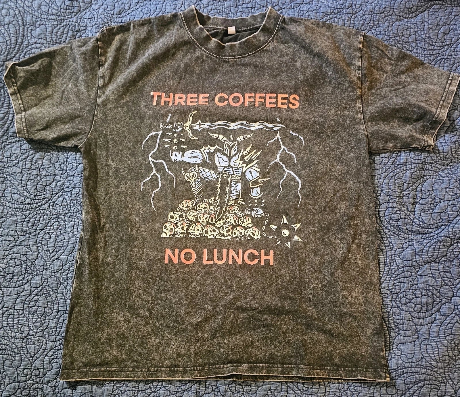 Small Faded Black Three Coffees No Lunch Unisex Tee