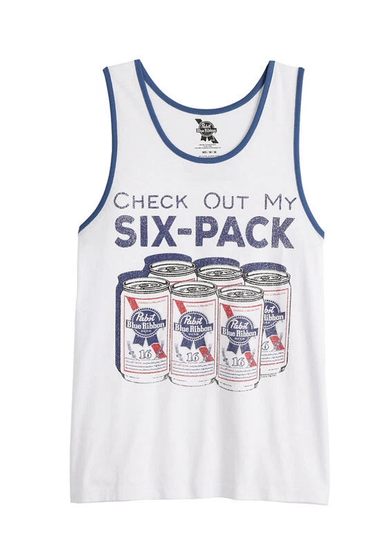 Pabst Tank Top ‘Check Out My 6-pack’ Men’s L / M PBR Blue Ribbon Beer White NWT