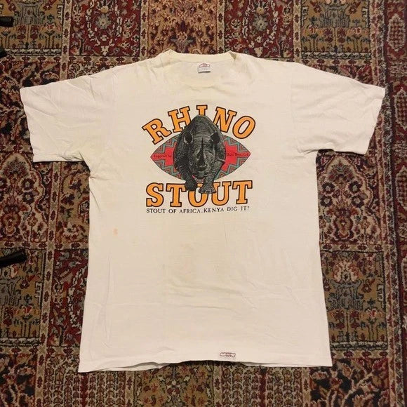 VTG 80s 90s Crazy Shirts Hawaii Rhino Stout white beer alcohol promo tee shirt L