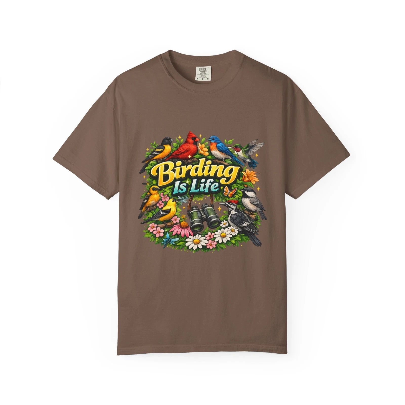 Birding Is Life T-shirt | Colorful Songbirds, Binoculars, Floral Design
