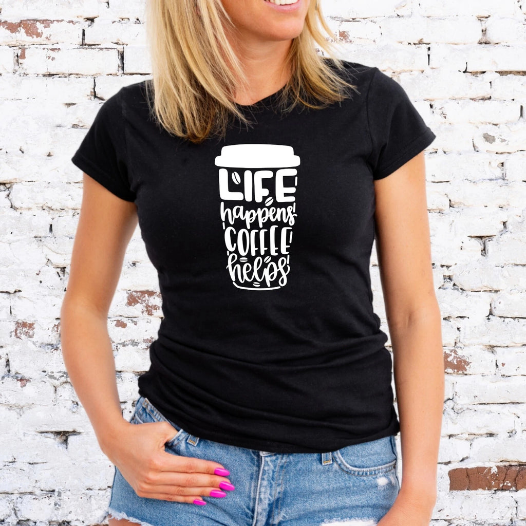 LIFE HAPPENS COFFEE HELPS T-SHIRT, GILMORE GIRLS, WHITE, Unisex/Lady Fit