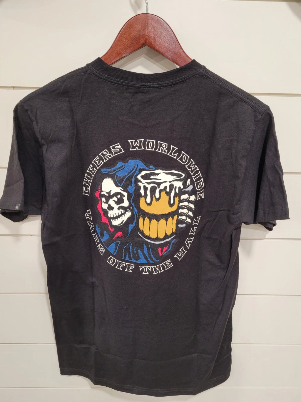 Vans Off The Wall Mens T Shirt With Skelton Holding Beer Black