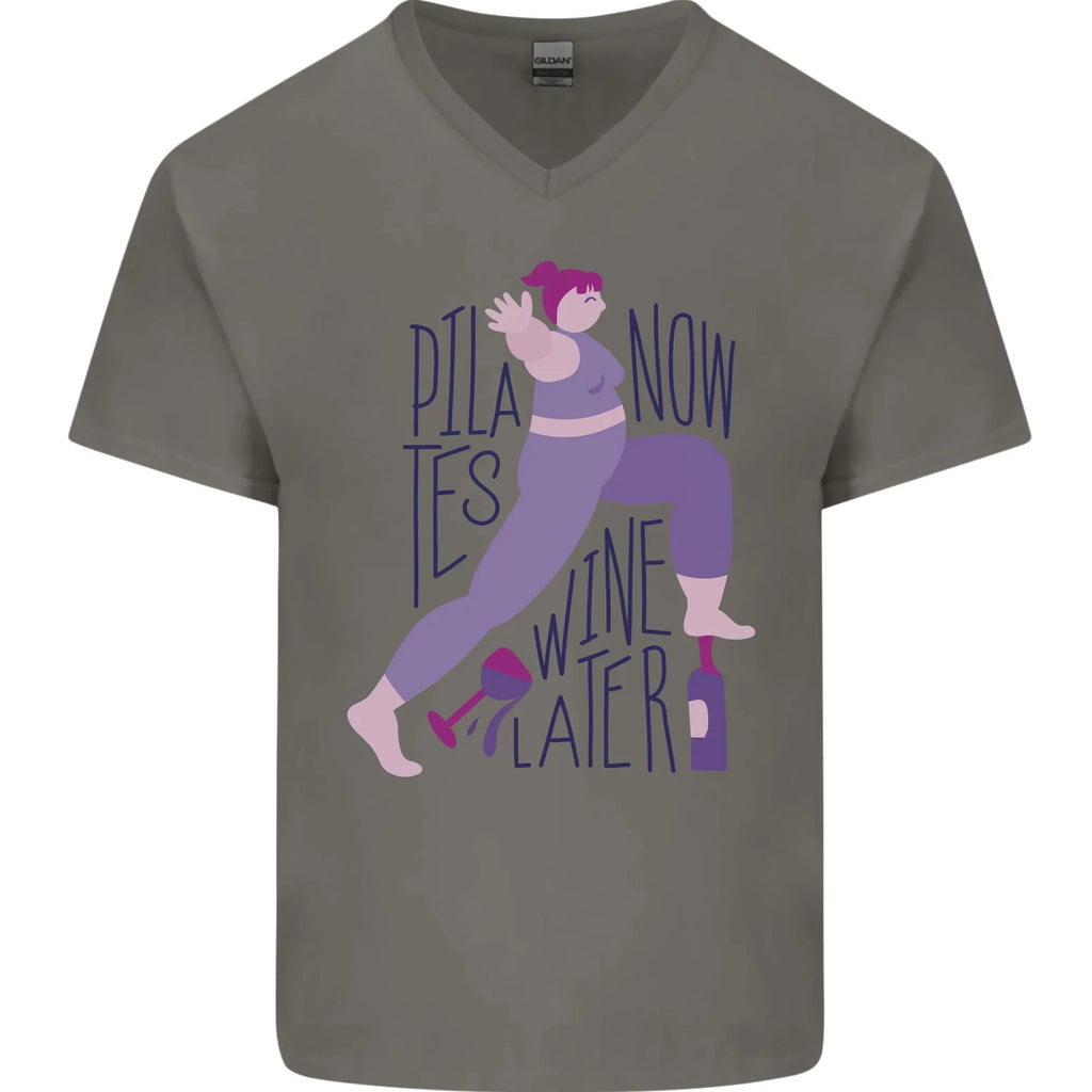 Yoga Pilates Now Wine Later Funny Alcohol Mens V-Neck Cotton T-Shirt