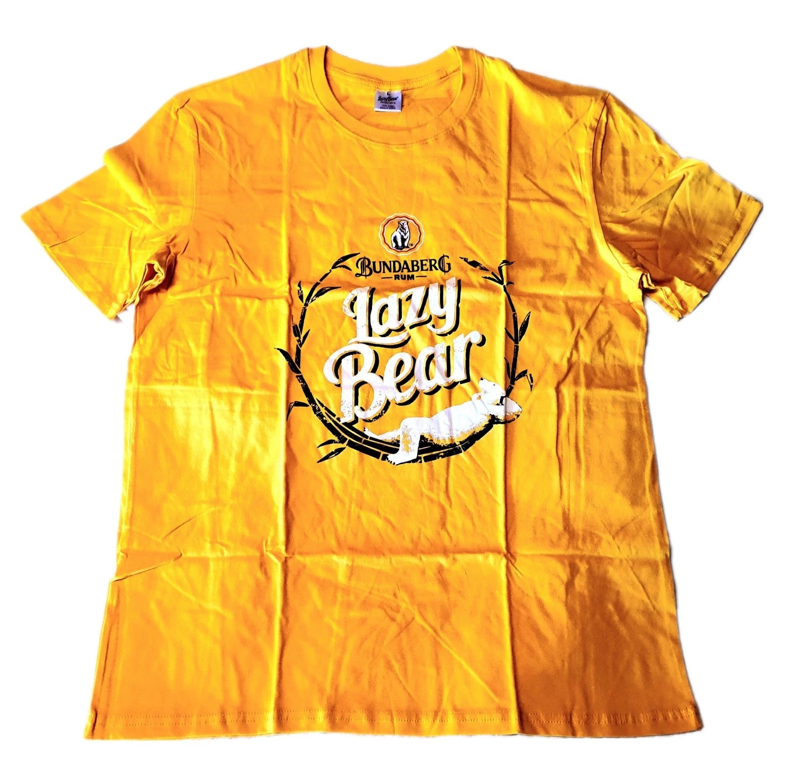 Bundaberg Bundy Rum Lazy Bear Men's Tshirt Size L Yellow, Short Sleeve Top