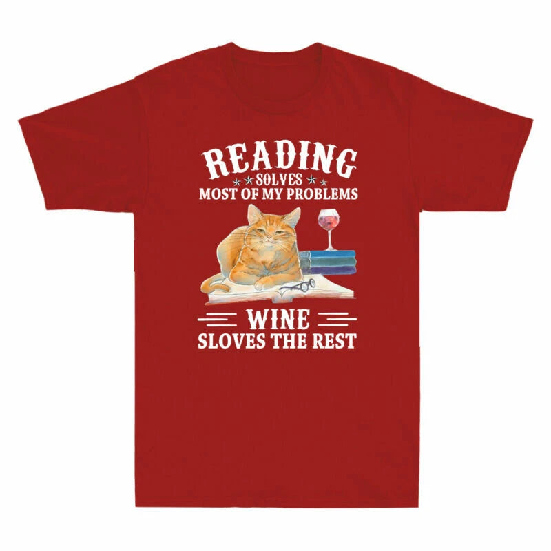 Cat Reading Solves Most Of My Problems Wine Solves The Rest Retro Men's T Shirt