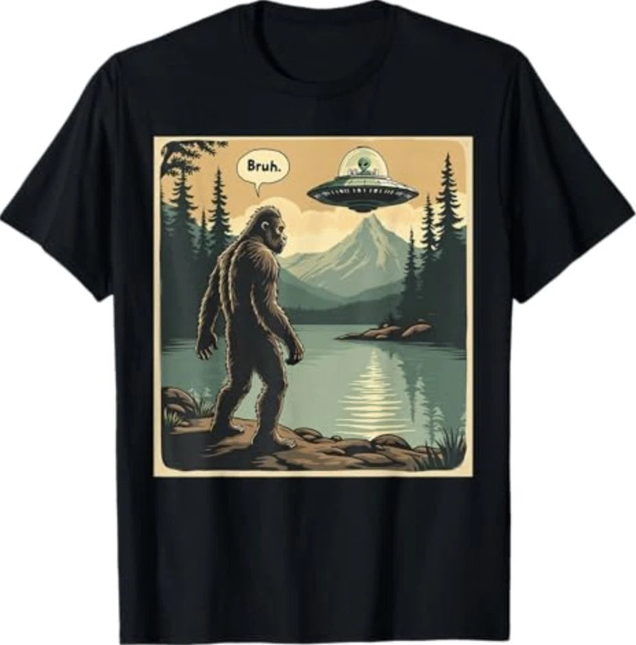 Funny Bigfoot Sasquatch Alien Spaceship UFO Introvert Bruh T-Shirt