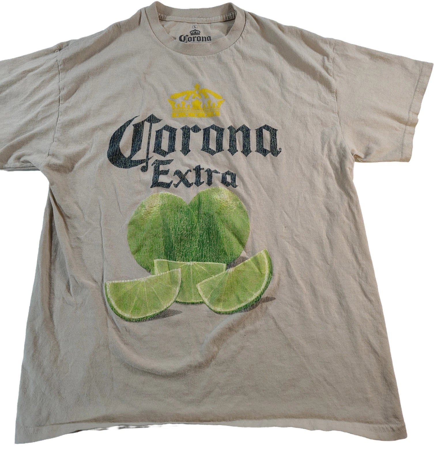 Men's Large Beige Short Sleeve Corona Extra With Lime Graphic Logo T-Shirt