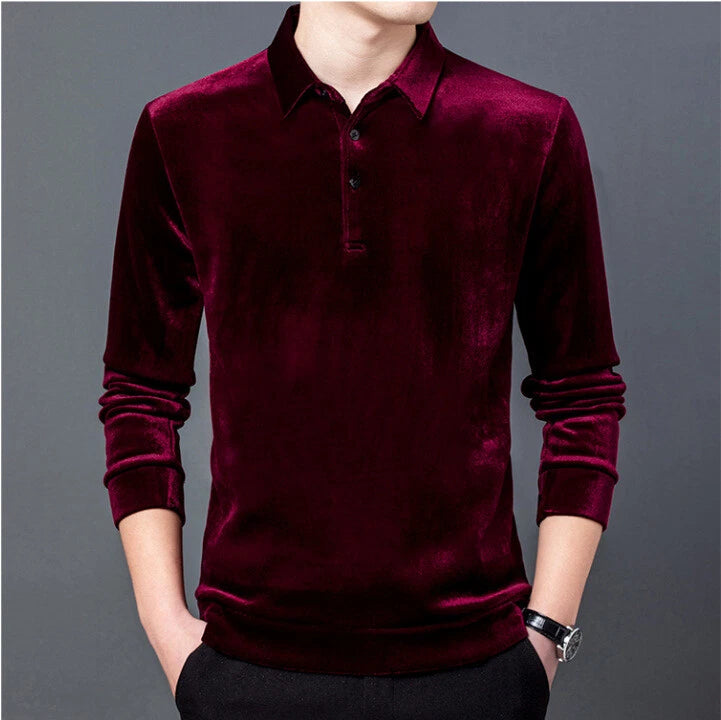 Men's Casual Lapel Solid Velvet Business Long Sleeved T-Shirt Youth Trend Top