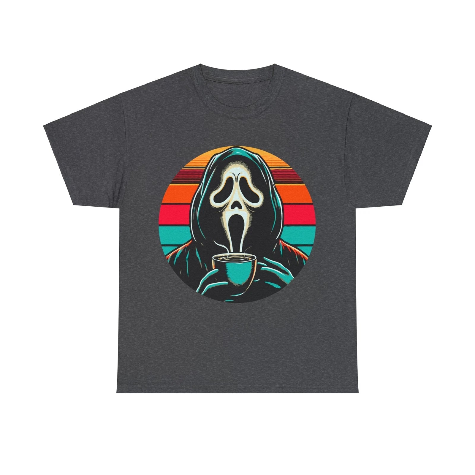 Unisex heavy cotton t-shirt, with funny horror character drinking coffee design.