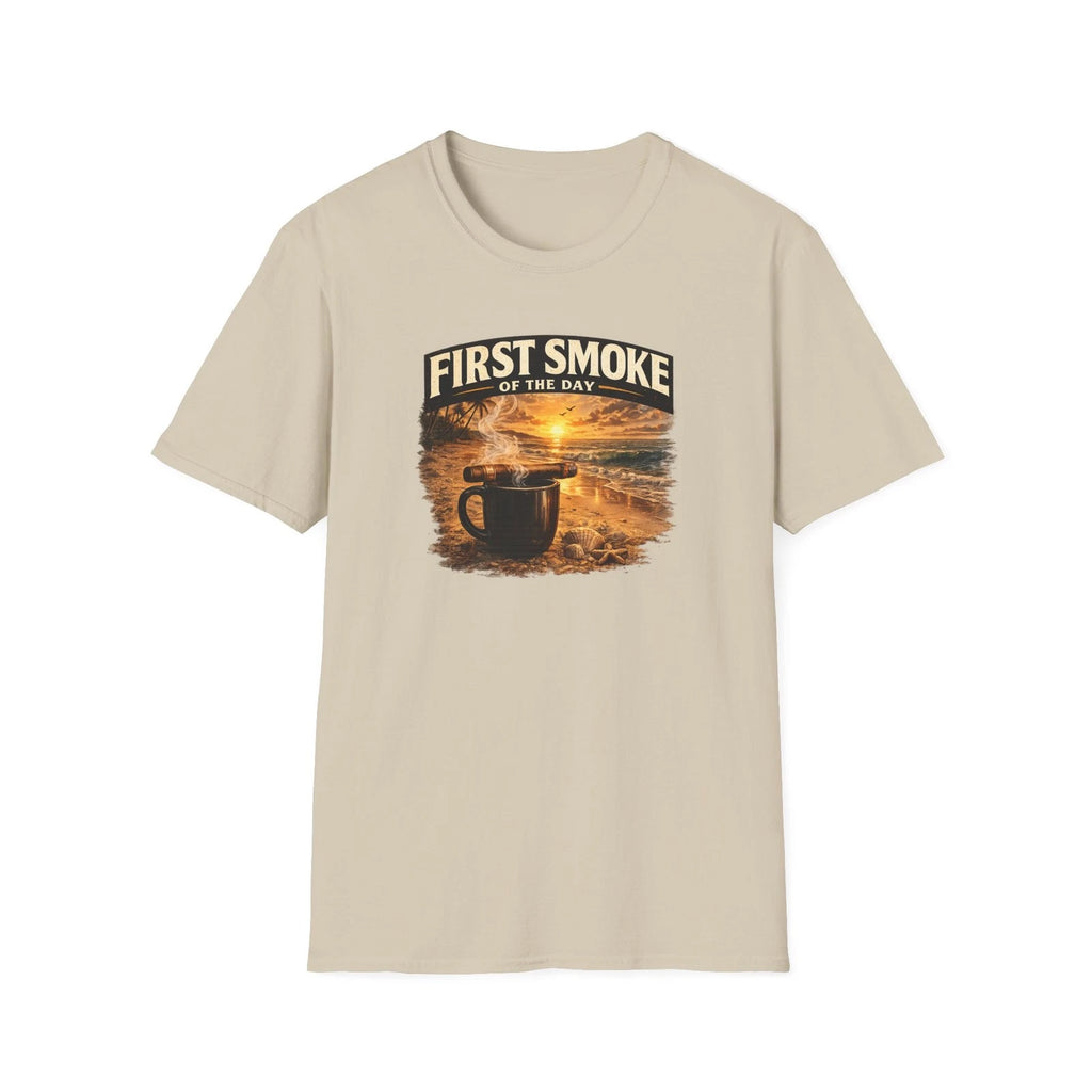 First Smoke of the Day T-Shirt – Cigar & Coffee Beach Sunrise Tee