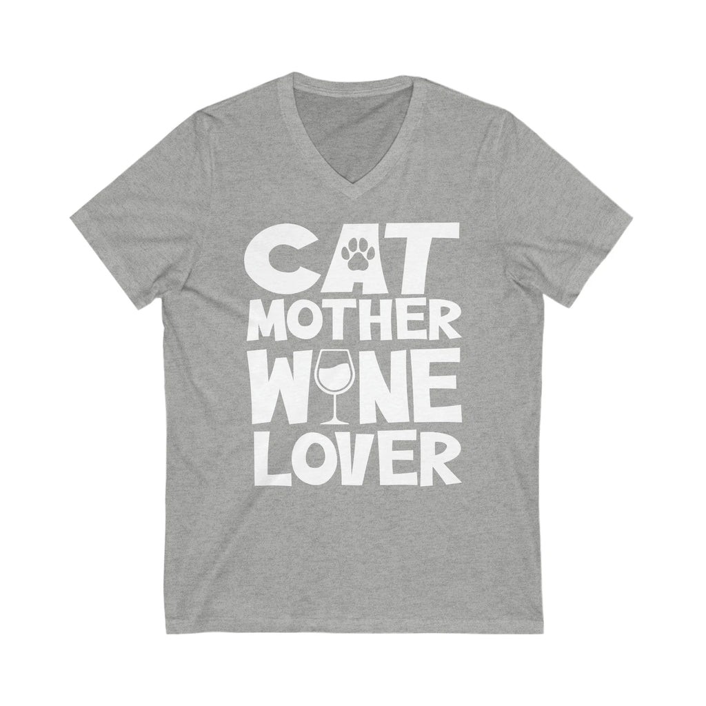 "Cat Mother Wine Lover: Unisex V-Neck Tee for the Ultimate Feline Enthusiast!"