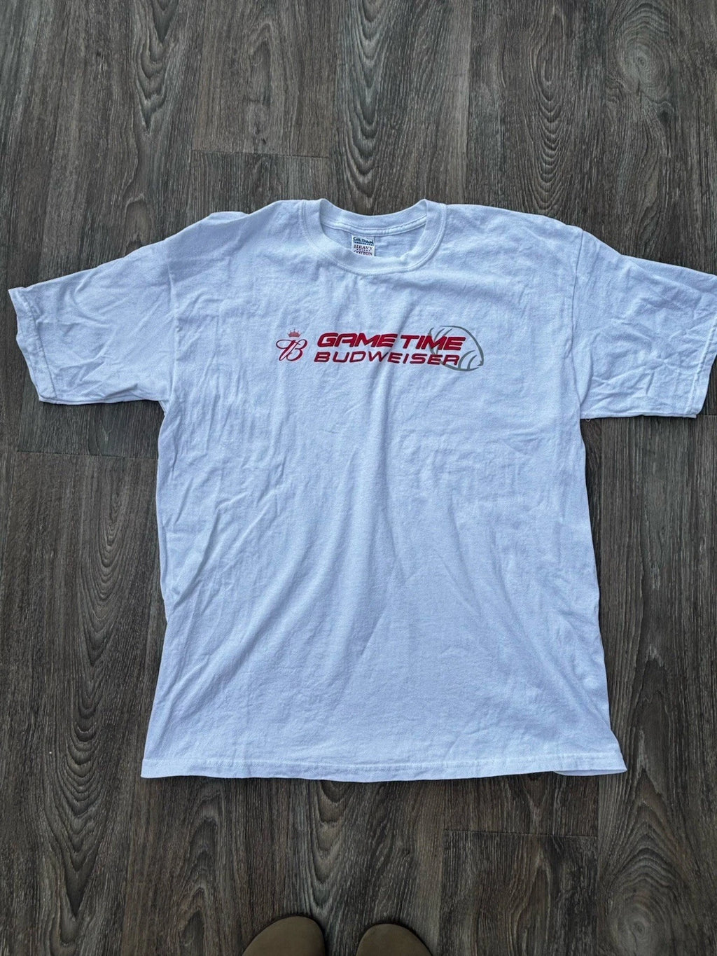 VTG Gildan Heavy Cotton Budweiser Game Time Graphic Tee White Men XL Crew Neck