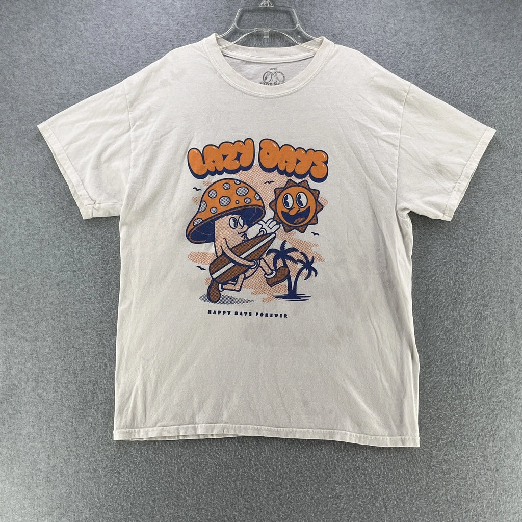 12oz Soda Mens T-Shirt Large L 'Lazy Days' Mushroom Sun Beach Surf White