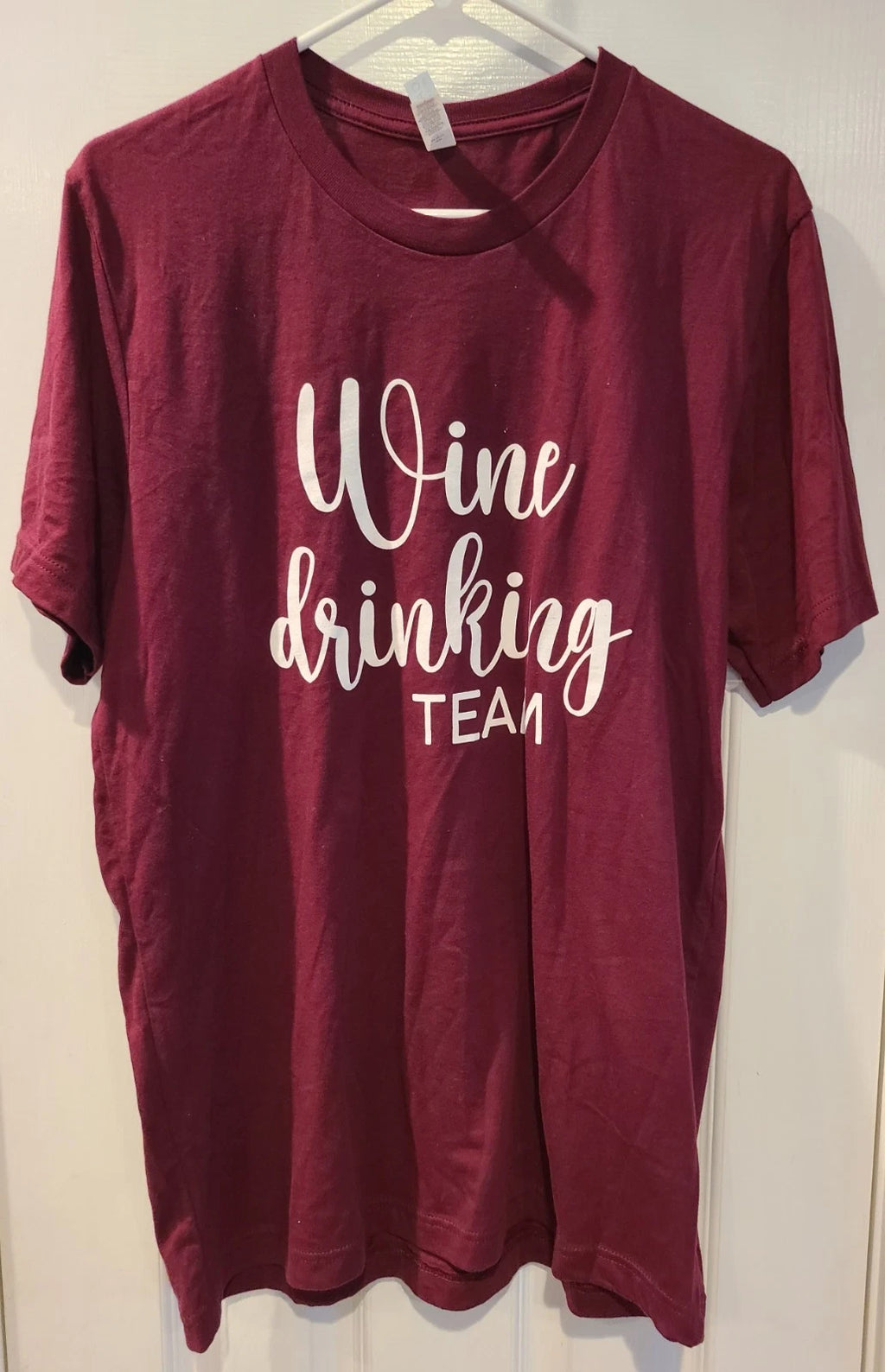 Wine Drinking Team Shirt Women's Large Burgundy Poured back lettering Tee