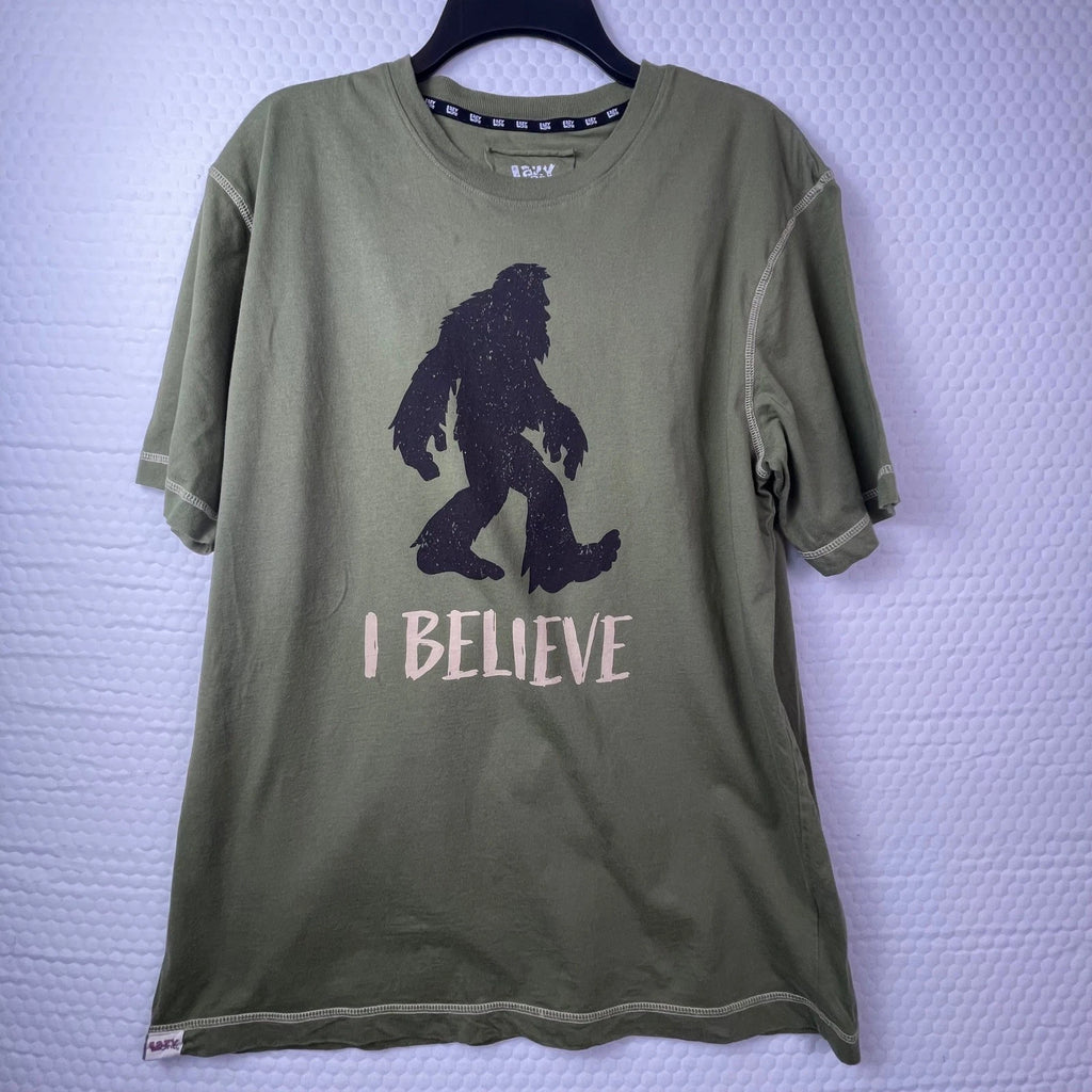 Lazy One Bigfoot I Believe Graphic T-Shirt Mens Medium Olive Green Sasquatch Tee