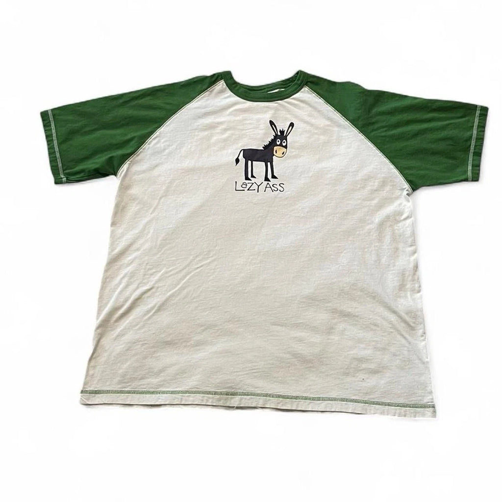 Lazy One Donkey Graphic T Shirt Men’s XXL Green White Raglan “Lazy Ass” Tee