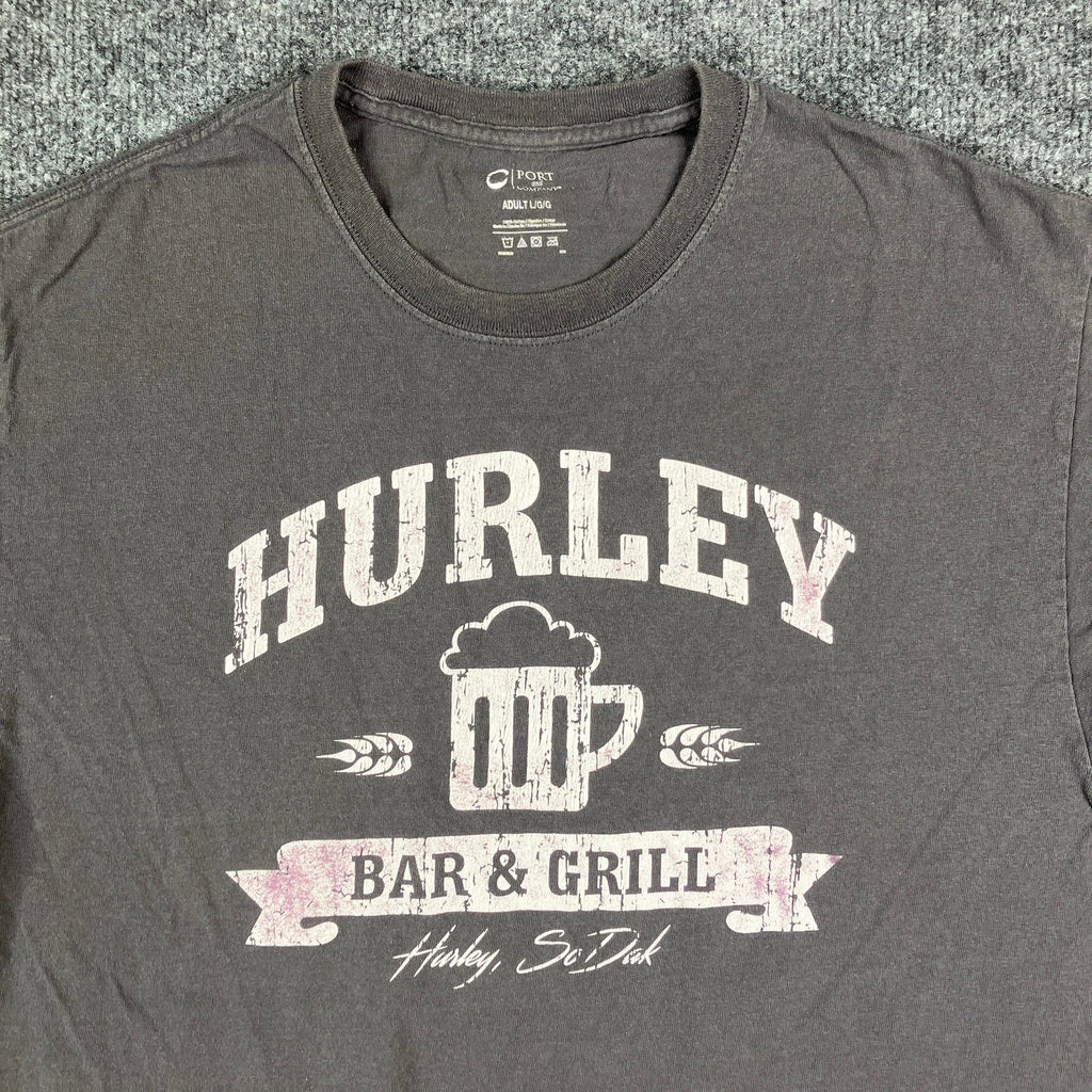 Port & Company T-Shirt Mens Size L Gray Hurley Bar Grill Beer Graphic Crewneck