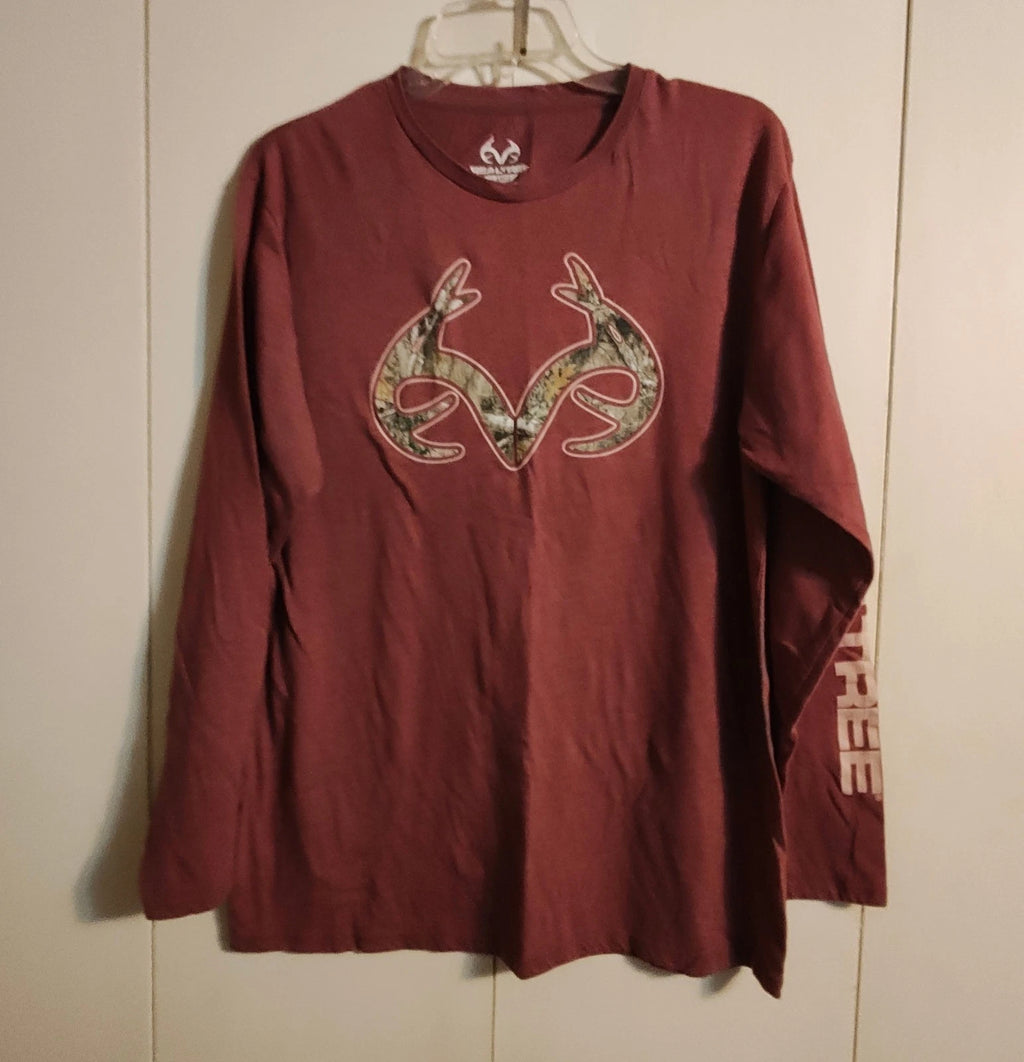 Realtree Mens Sz L Wine Crew Neck Graphic Long Sleeve Tee Hunting