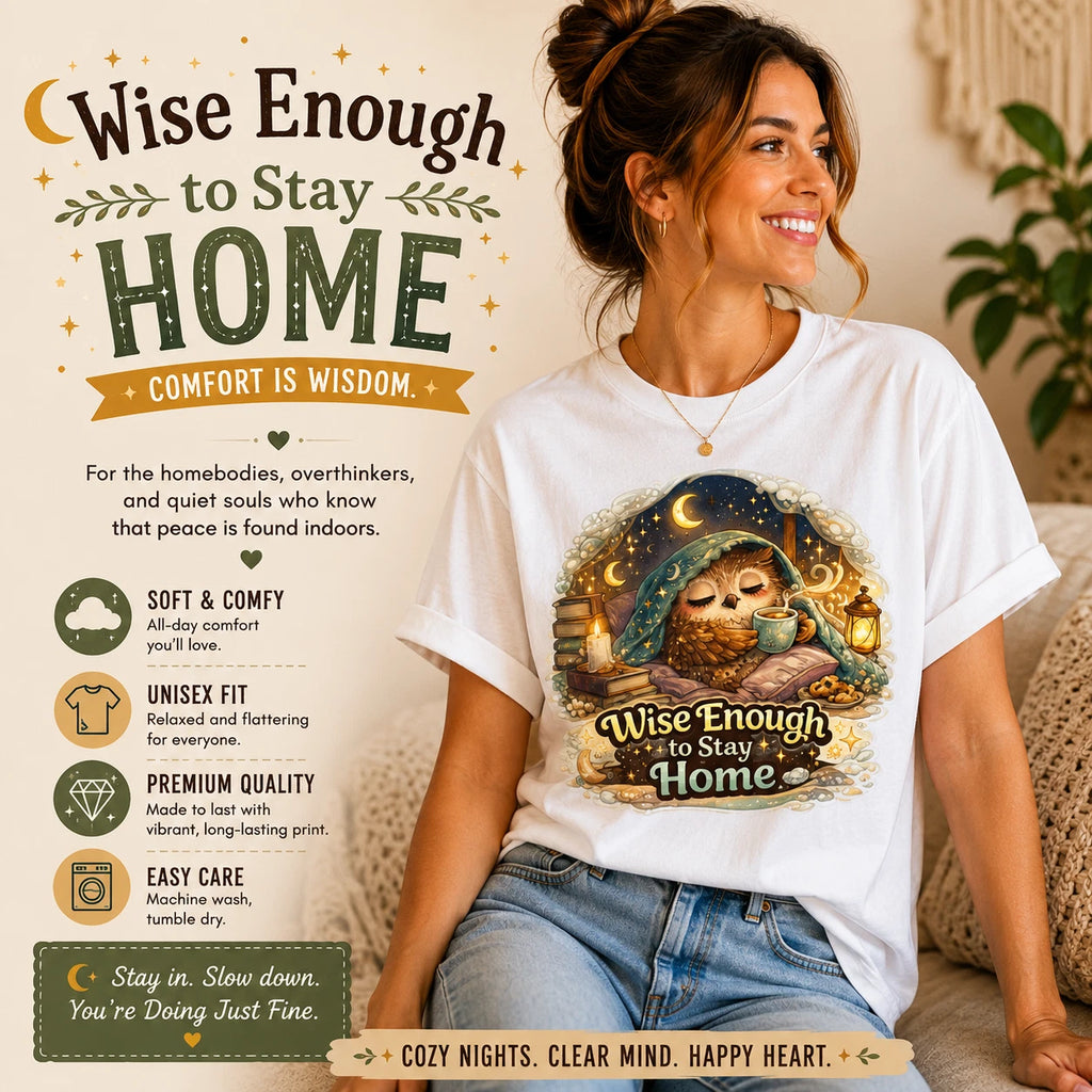 Wise Enough to Stay Home Owl T-Shirt Cozy Homebody Graphic Tee Gift