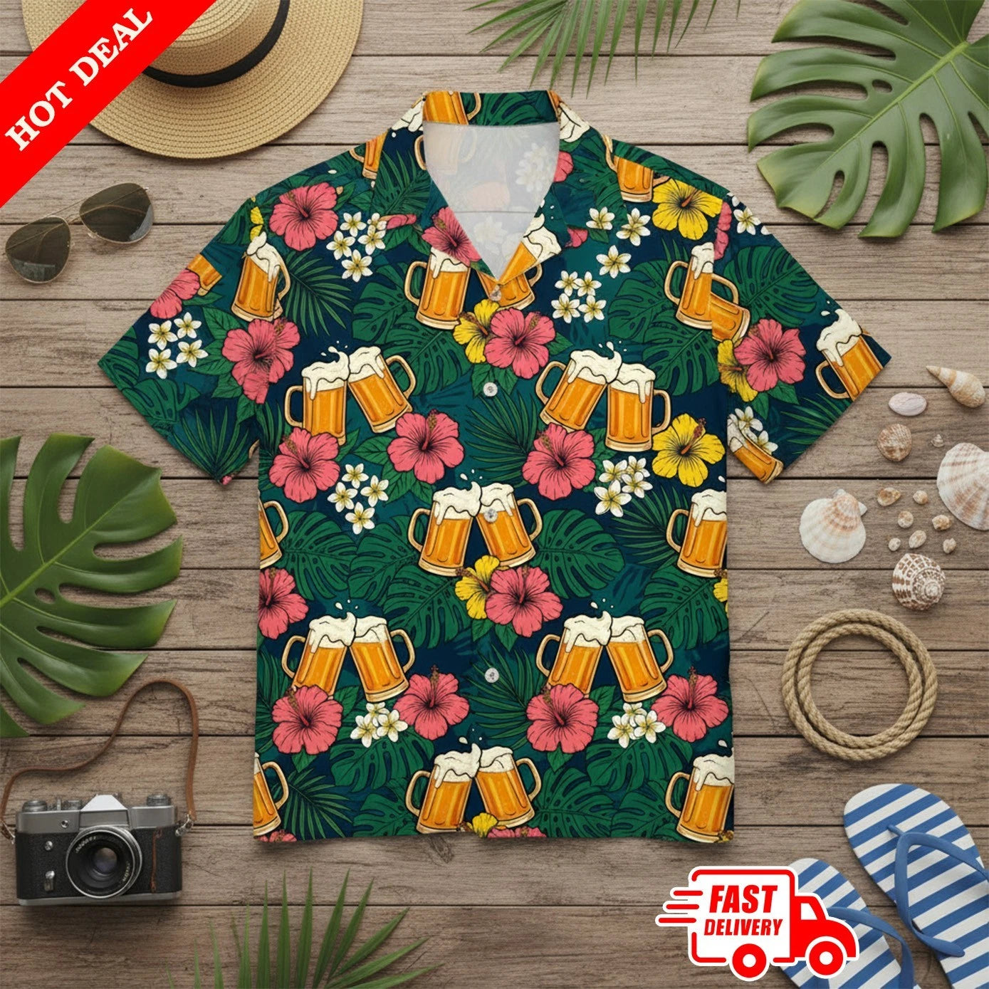 Men's Tropical Beer Garden Hawaiian Shirt | Cheers Beer Mug & Hibiscus Floral