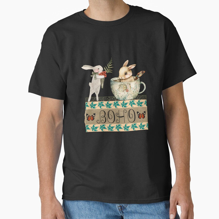 Elegant Boho Rabbit Tea Cup Collage T-Shirt - BOHO by GorinART