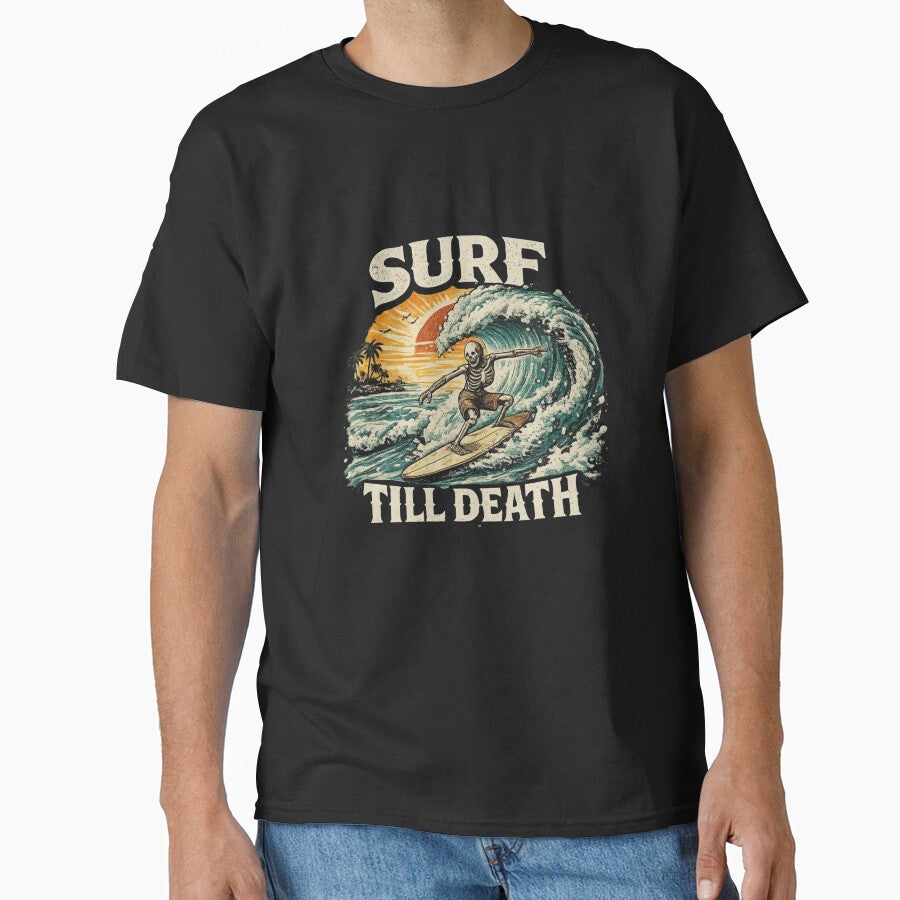 Surf Till Death – Skeleton Surfing Vintage Sunset Wave Surfer Graphic by HubCreates
