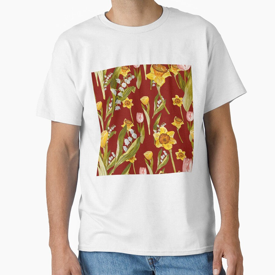 Daffodil tulip snowdrop Easter an ornate pattern red by Yana Mustafina | Boho Soulful Designs