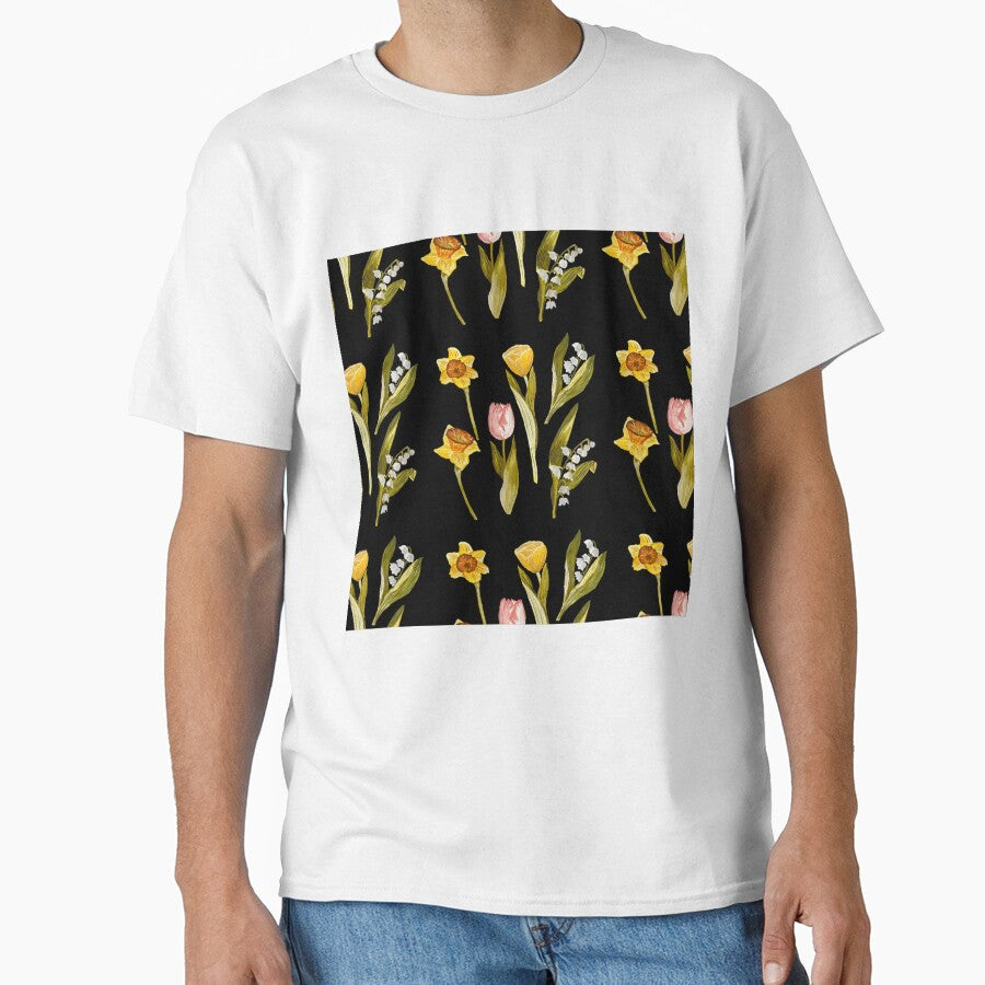 Daffodil tulip snowdrop Easter a seamless pattern black by Yana Mustafina | Boho Soulful Designs