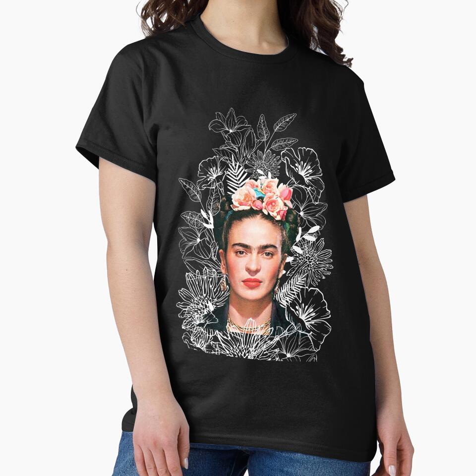 Frida Kahlo portrait color, white flowers, black background by Adriana C (All about Frida)
