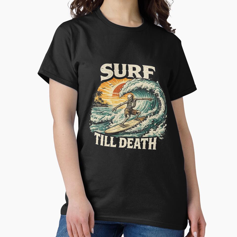 Surf Till Death – Skeleton Surfing Vintage Sunset Wave Surfer Graphic by HubCreates