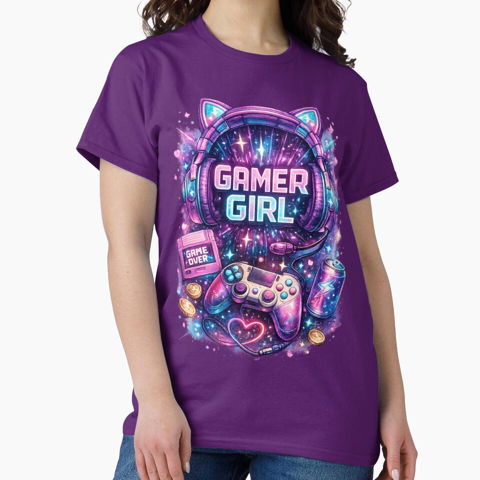 Neon Gamer Girl – Retro Gaming Aesthetic with Cat Ear Headphones by ProDesigns-KM