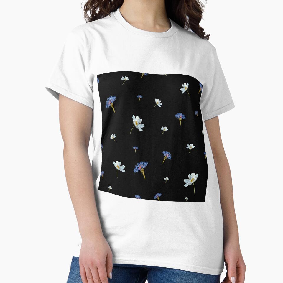 Flower blue daisy pattern seamless a watercolor black by Yana Mustafina | Boho Soulful Designs