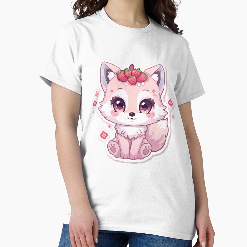 Cute Strawberry Fox Kawaii Animal – Pastel Pink Berry Fox Cartoon by Kavya Art