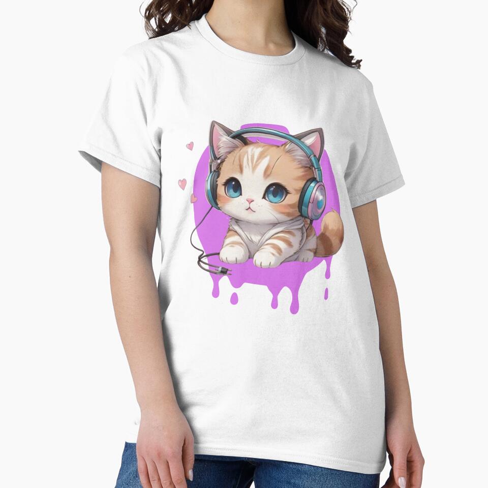 Cute little kitten with headphones in an anime kawaii look by Ecmoprints