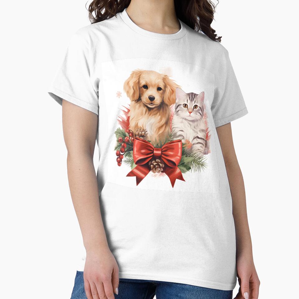 Adorable dog and cat Christmas holiday print by dcrc