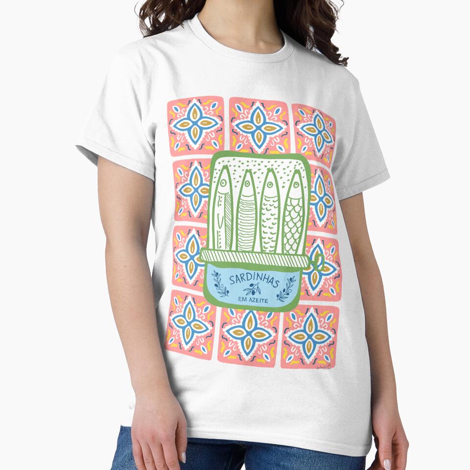 Lisbon Portugal Sardines Tins Art Print, Pink orange tiles, green sardines, Mediterranean by Natasha May Design