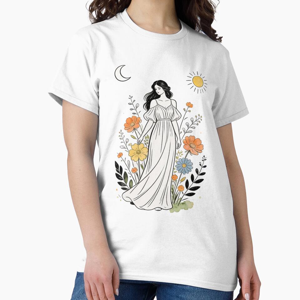 Boho Woman Floral Illustration – Sun and Moon Cottagecore Art by truongloc246