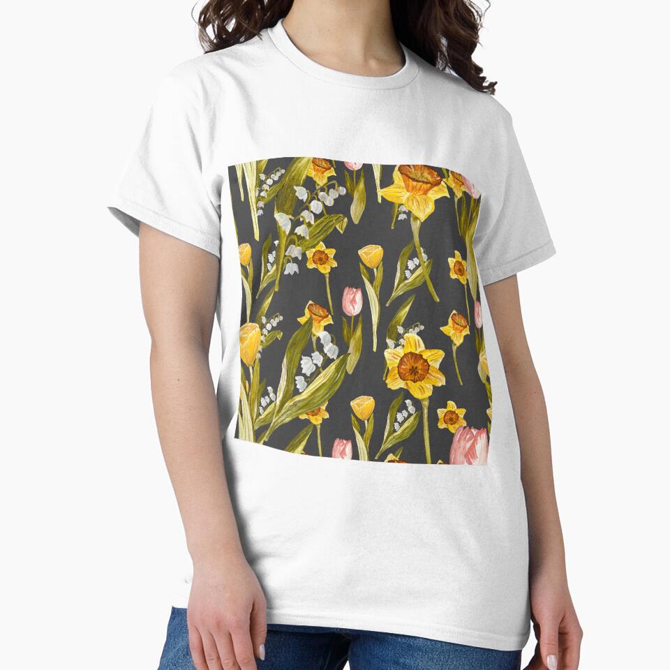 Daffodil tulip snowdrop Easter an ornate pattern grey by Yana Mustafina | Boho Soulful Designs