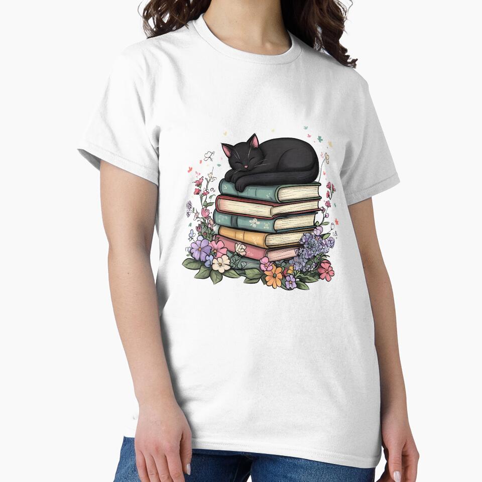 Black Cat Sleeping on Stack of Books by rosebudprintco